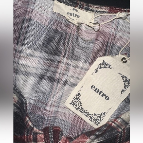 NWT Entro Sz M Women's Plaid Long Sleeve Tunic Top Boho Multicolor Front Tie - Picture 11 of 11